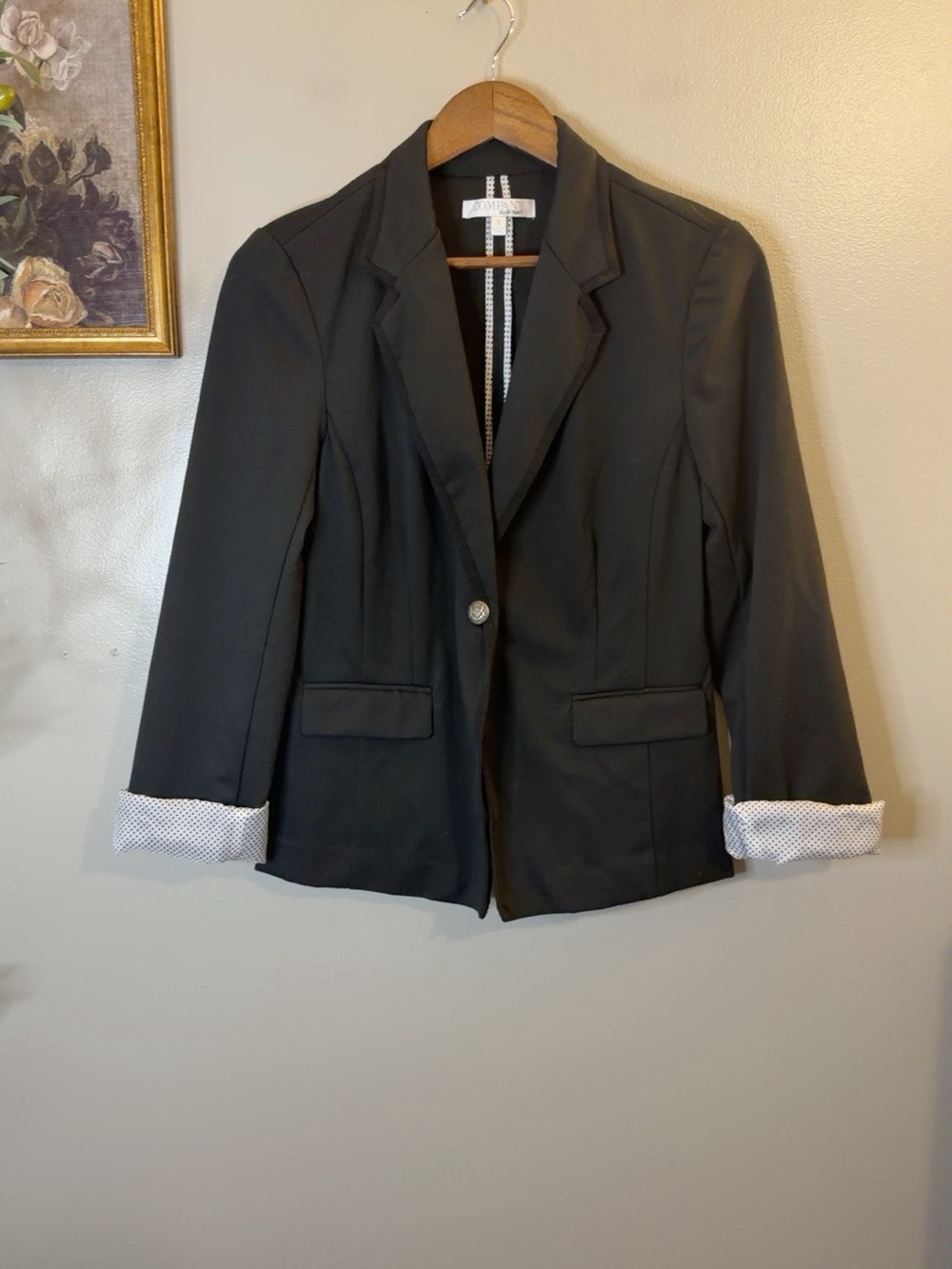 Company Ellen Tracy Black Blazer Small Polka Dot Cuff Crest Button Stretch - Picture 3 of 9